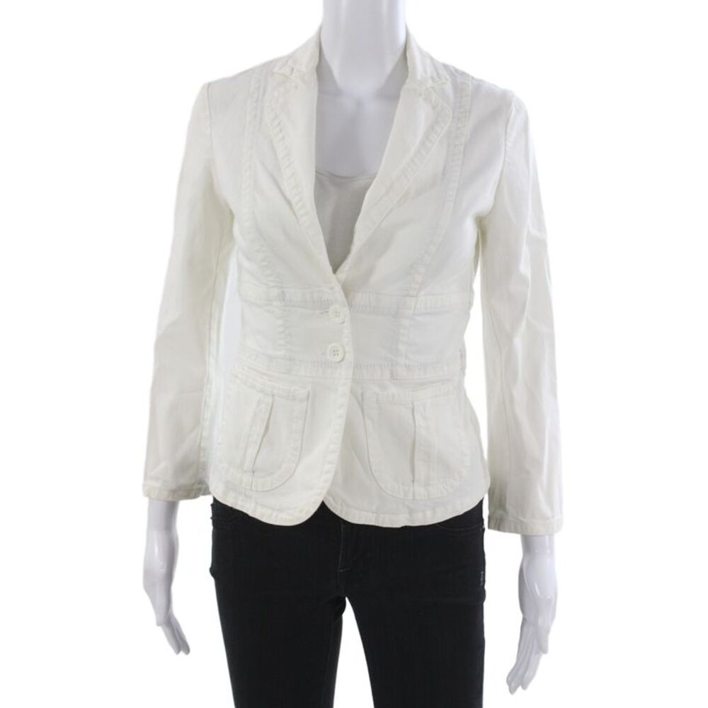 Sisley Womens White Collared Blazer Button Long Sleeve Classic Size 40